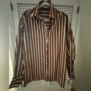 FAITHFUL THE BRAND- BROWN/ WHITE OVERSIZED STRIPED BOYFRIEND BUTTON DOWN- L